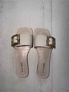 Steve Madden Beige Slide Sandals with Gold Buckle